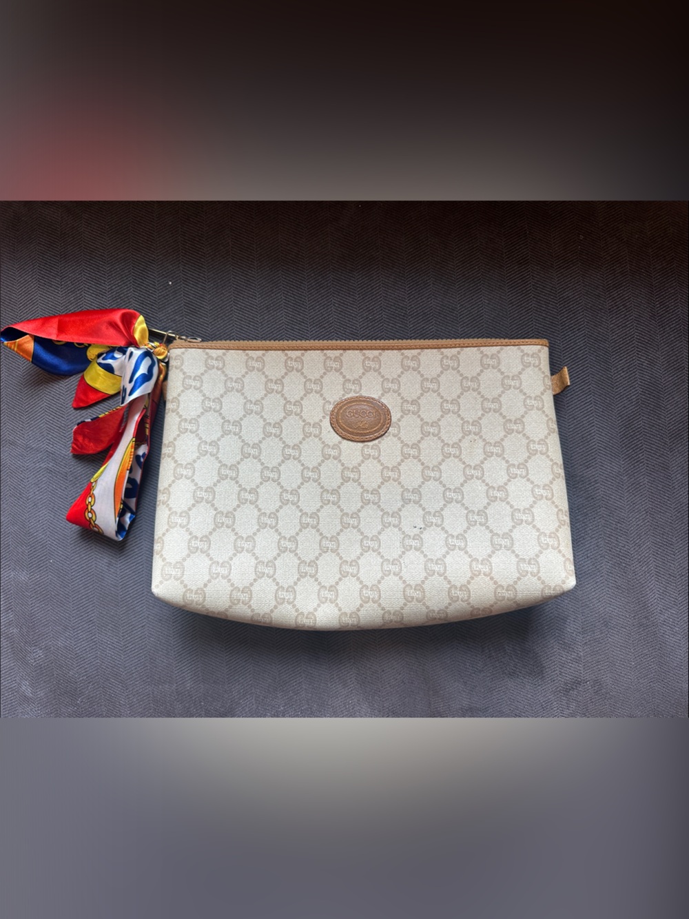 Gucci Beige GG Supreme Cosmetic Pouch with Colorful unbranded Scarf Accent